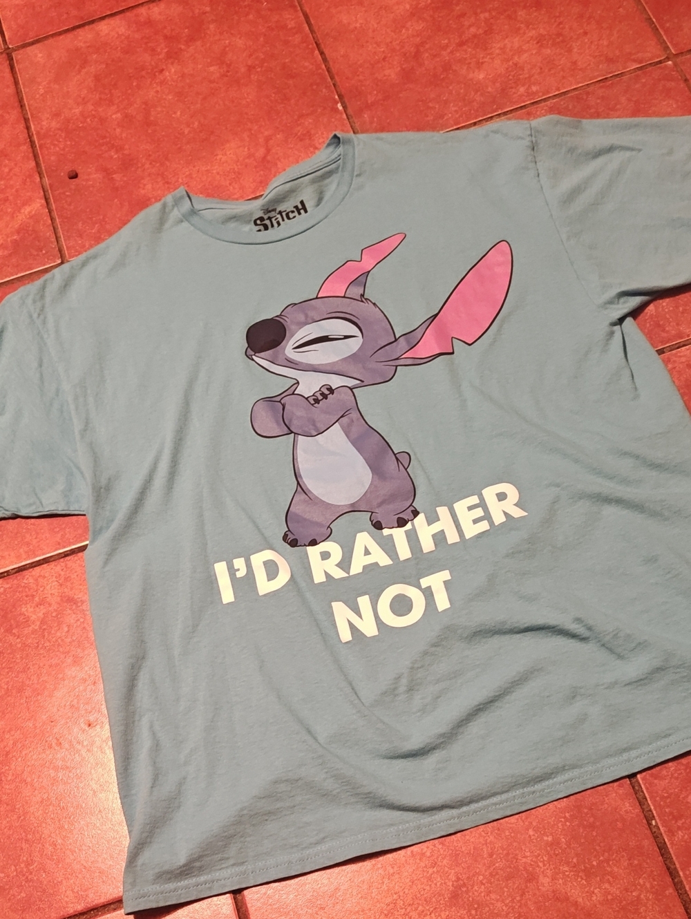 Disney Light Blue Stitch Graphic Tee with Pink Ear Accents